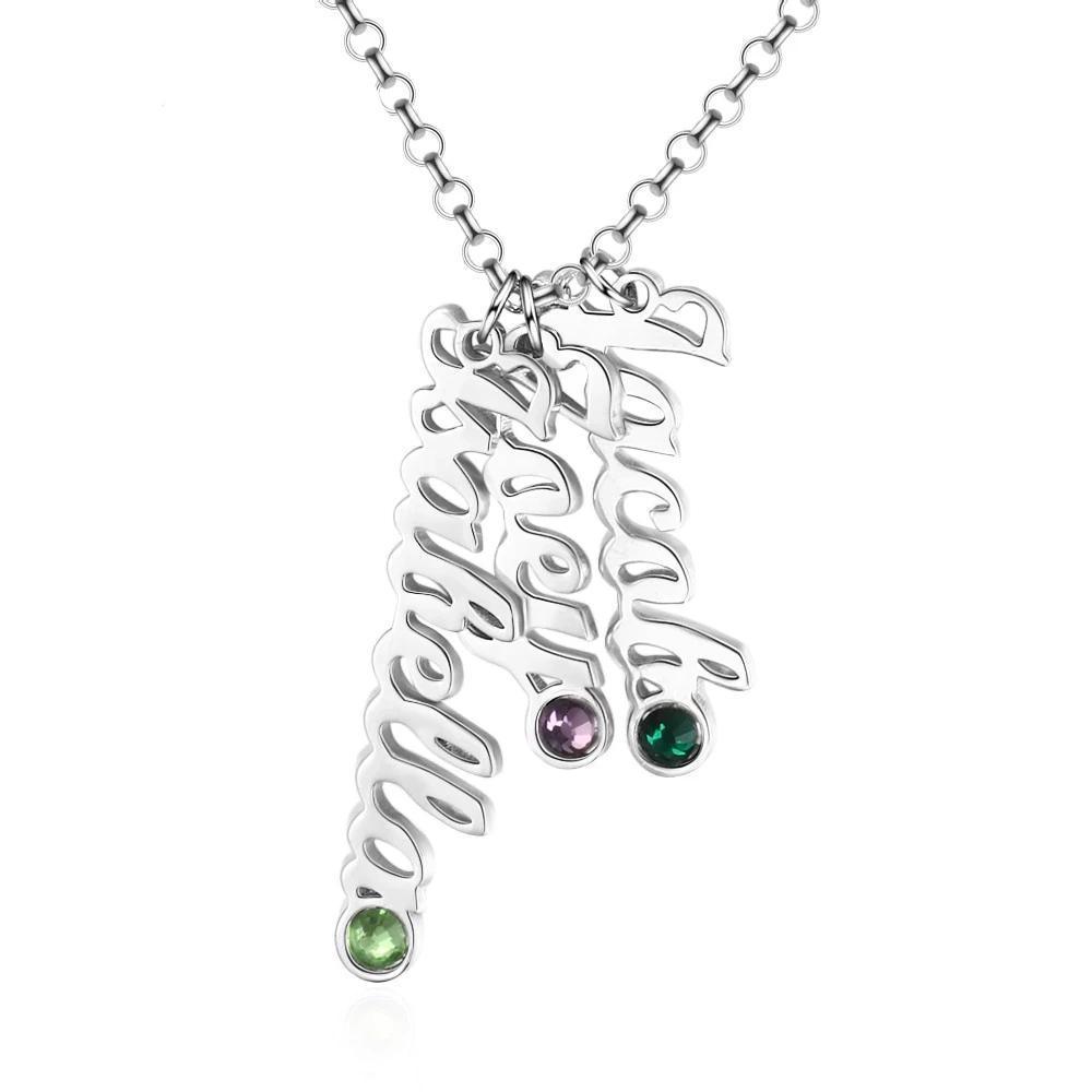 Personalized Sterling Silver Vertical Nameplate Necklace, Customizable 3 Birthstone Pendant, Classic Gift for Mom - Personalized Jewel