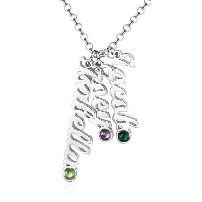 Personalized Sterling Silver Vertical Nameplate Necklace, Customizable 3 Birthstone Pendant, Classic Gift for Mom - Personalized Jewel