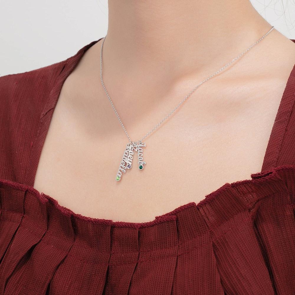 Personalized Sterling Silver Vertical Nameplate Necklace, Customizable 3 Birthstone Pendant, Classic Gift for Mom - Personalized Jewel