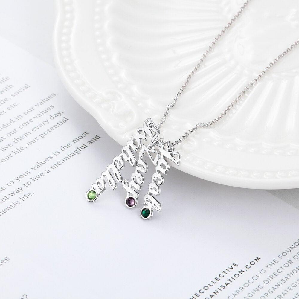 Personalized Sterling Silver Vertical Nameplate Necklace, Customizable 3 Birthstone Pendant, Classic Gift for Mom-Personalized Jewels