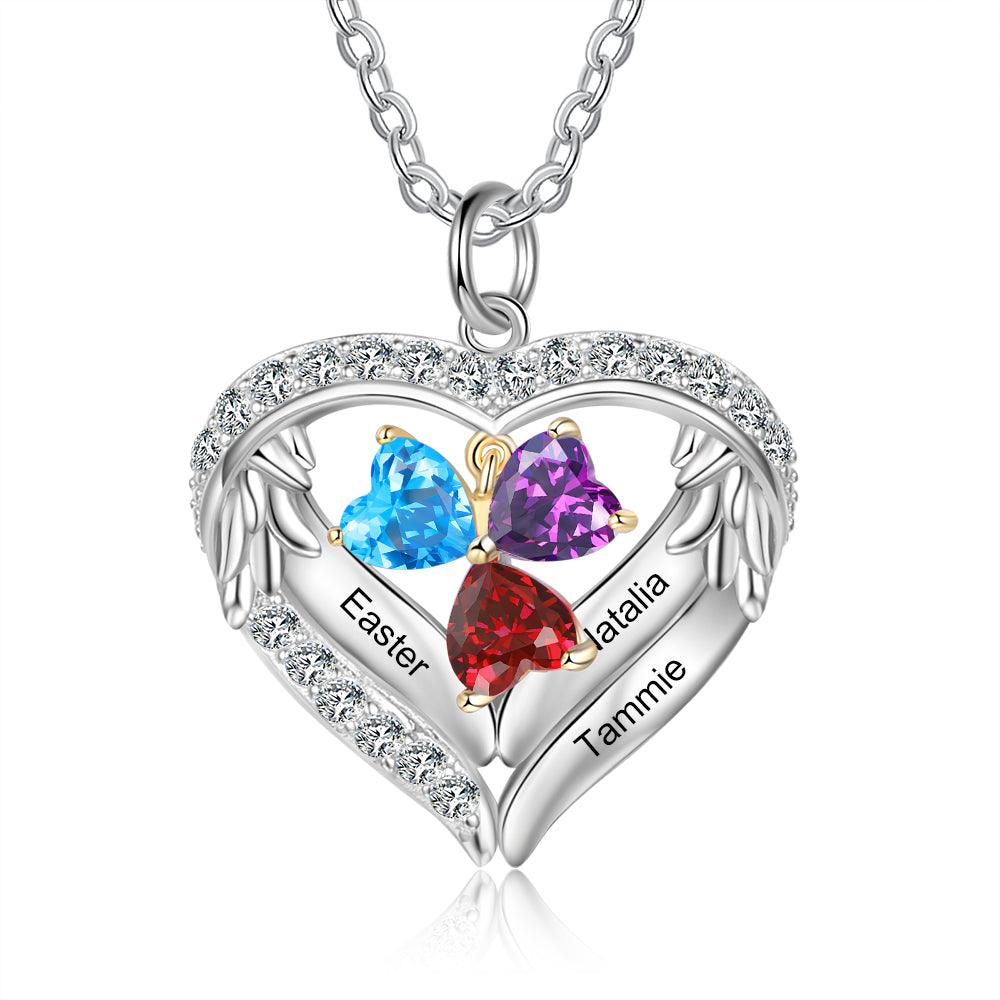 Personalized Sterling Silver Wings and Heart Necklace - 3 Custom Names 3 Birthstones-Personalized Jewels