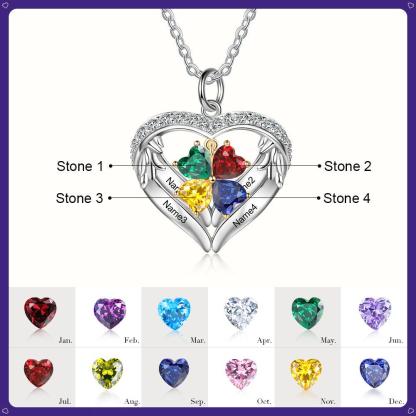 Personalized Sterling Silver Wings and Hearts Necklace - 4 Custom Names 4 Birthstones - Personalized Jewel