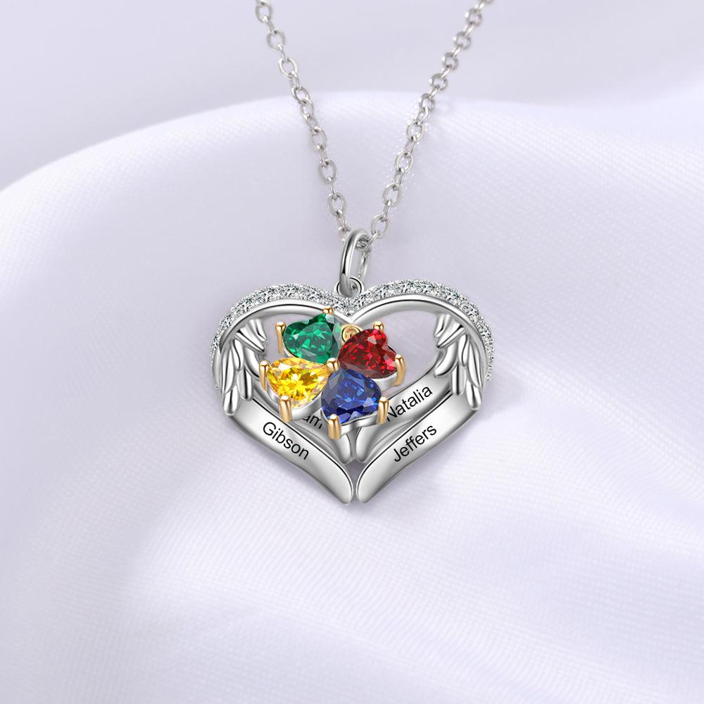 Personalized Sterling Silver Wings and Hearts Necklace - 4 Custom Names 4 Birthstones - Personalized Jewel