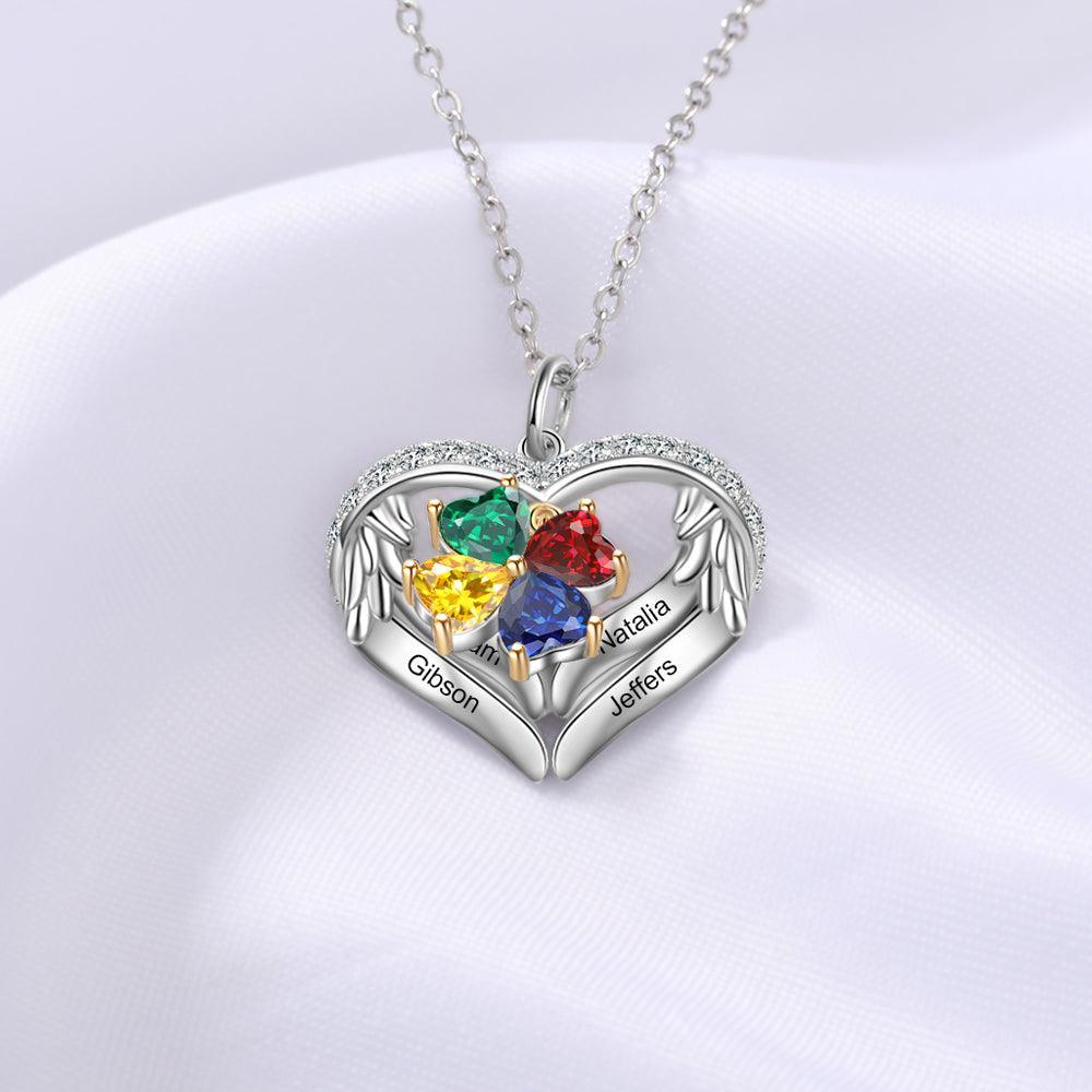 Personalized Sterling Silver Wings and Hearts Necklace - 4 Custom Names 4 Birthstones - Personalized Jewel