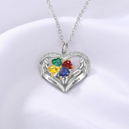 Personalized Sterling Silver Wings and Hearts Necklace - 4 Custom Names 4 Birthstones - Personalized Jewel