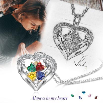 Personalized Sterling Silver Wings and Hearts Necklace - 4 Custom Names 4 Birthstones - Personalized Jewel