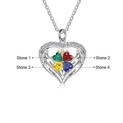 Personalized Sterling Silver Wings and Hearts Necklace - 4 Custom Names 4 Birthstones - Personalized Jewel