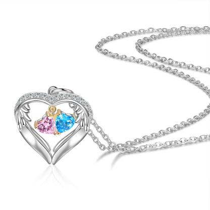 Personalized Sterling Silver Wings Two Hearts Necklace - 2 Custom Names 2 Birthstones - Personalized Jewel