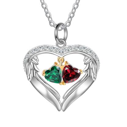 Personalized Sterling Silver Wings Two Hearts Necklace - 2 Custom Names 2 Birthstones - Personalized Jewel