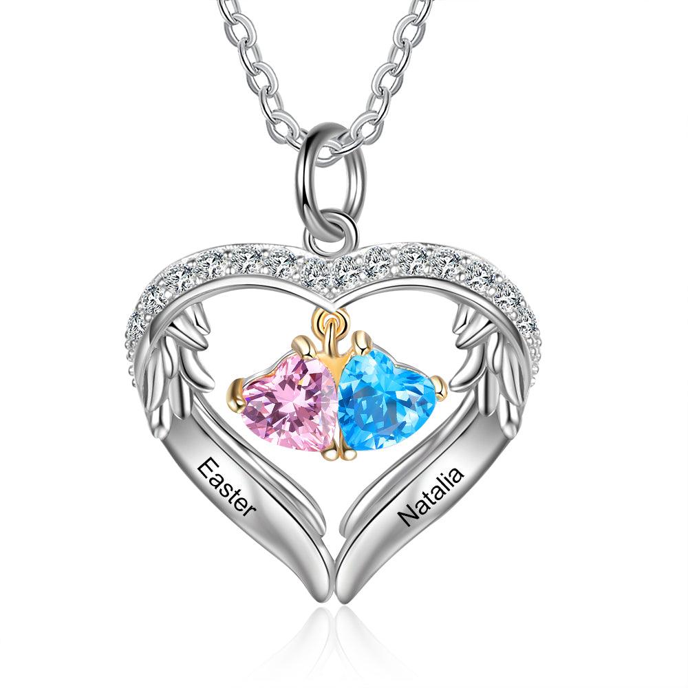 Personalized Sterling Silver Wings Two Hearts Necklace - 2 Custom Names 2 Birthstones - Personalized Jewel