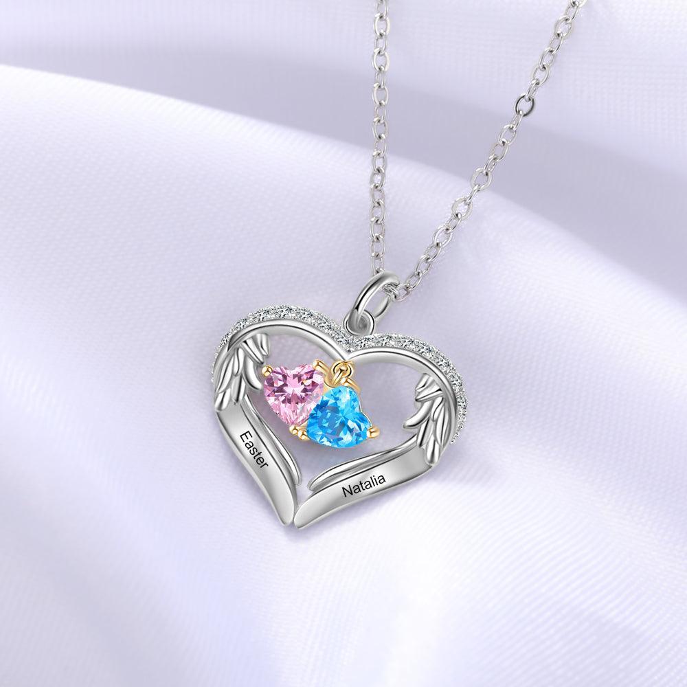 Personalized Sterling Silver Wings Two Hearts Necklace - 2 Custom Names 2 Birthstones - Personalized Jewel