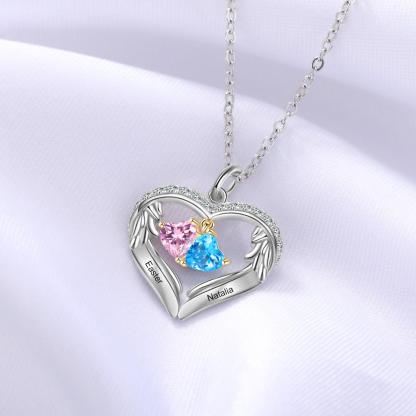 Personalized Sterling Silver Wings Two Hearts Necklace - 2 Custom Names 2 Birthstones - Personalized Jewel