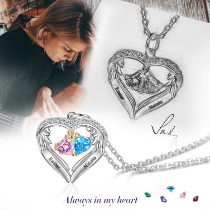 Personalized Sterling Silver Wings Two Hearts Necklace - 2 Custom Names 2 Birthstones - Personalized Jewel