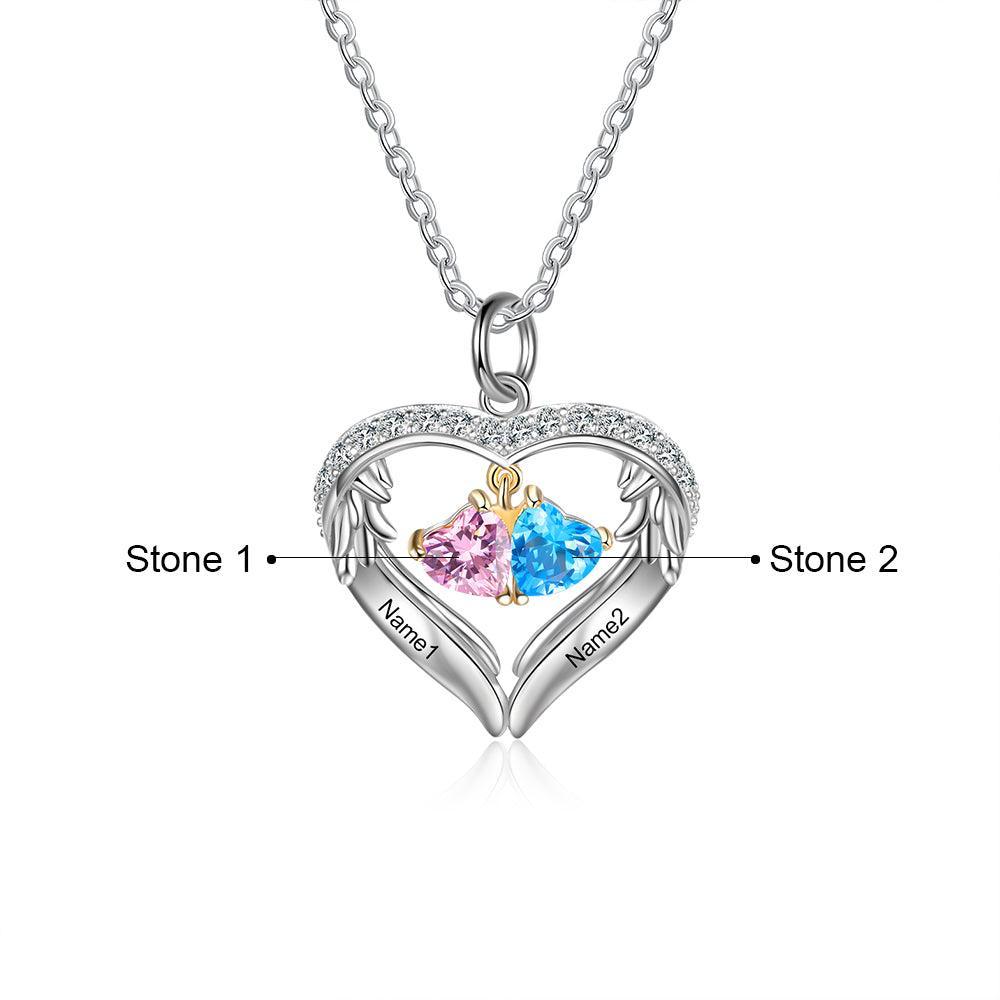 Personalized Sterling Silver Wings Two Hearts Necklace - 2 Custom Names 2 Birthstones - Personalized Jewel