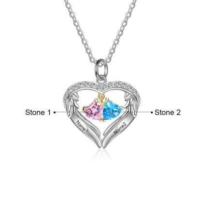 Personalized Sterling Silver Wings Two Hearts Necklace - 2 Custom Names 2 Birthstones - Personalized Jewel