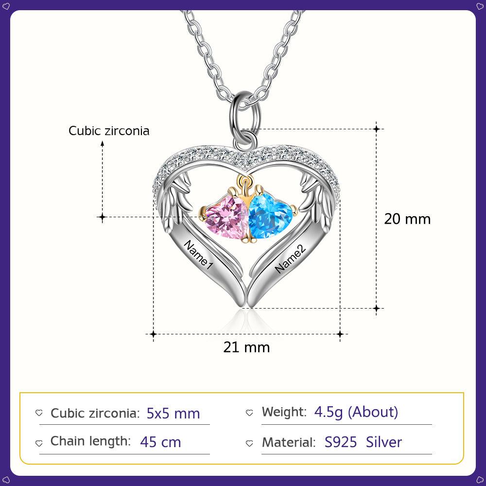 Personalized Sterling Silver Wings Two Hearts Necklace - 2 Custom Names 2 Birthstones - Personalized Jewel