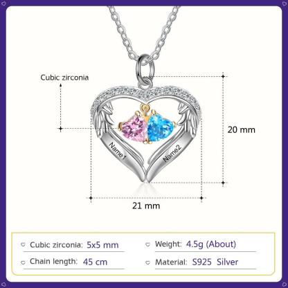 Personalized Sterling Silver Wings Two Hearts Necklace - 2 Custom Names 2 Birthstones - Personalized Jewel