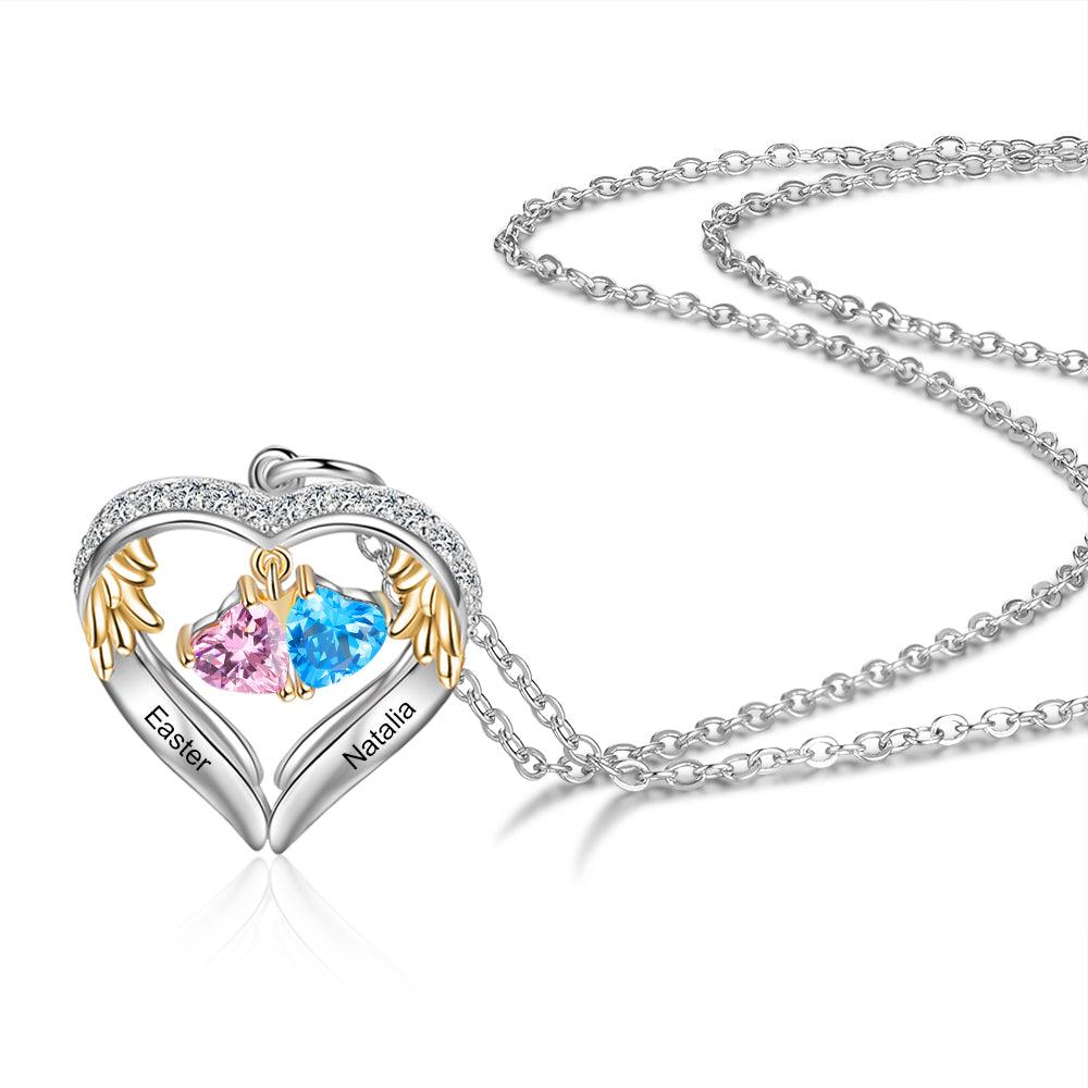 Personalized Sterling Wings Two Hearts Necklace - 2 Custom Names 2 Birthstones - Personalized Jewel