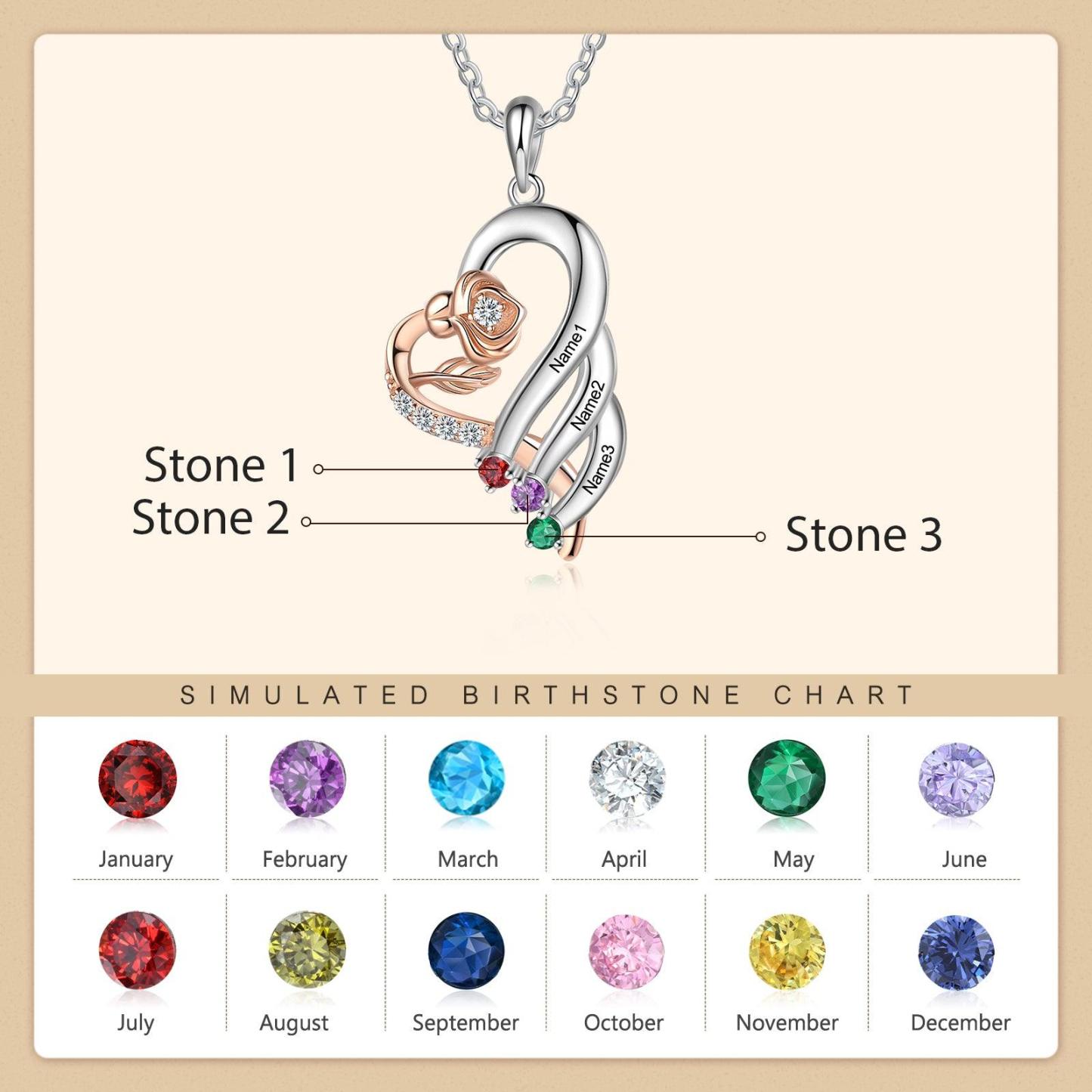 Personalized Sterling Wings Two Hearts Necklace - 2 Custom Names 2 Birthstones - Personalized Jewel