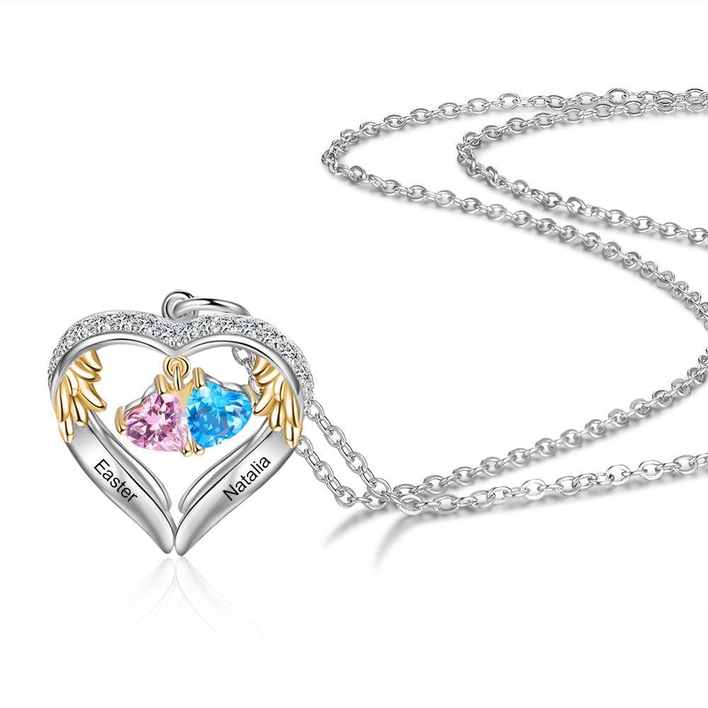 Personalized Sterling Wings Two Hearts Necklace - 2 Custom Names 2 Birthstones - Personalized Jewel