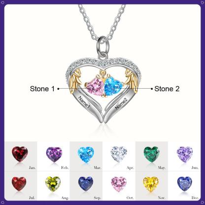 Personalized Sterling Wings Two Hearts Necklace - 2 Custom Names 2 Birthstones - Personalized Jewel