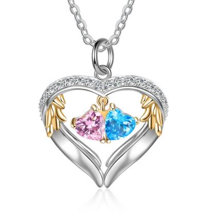 Personalized Sterling Wings Two Hearts Necklace - 2 Custom Names 2 Birthstones - Personalized Jewel