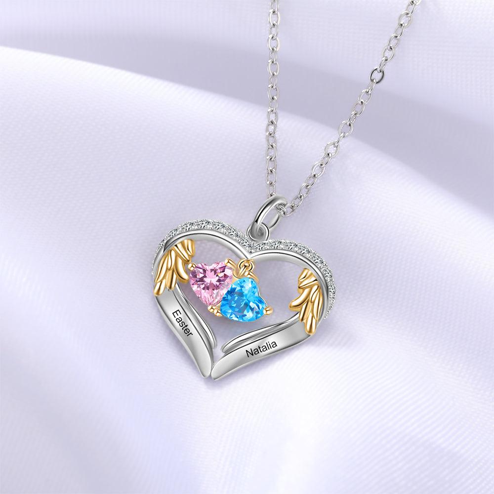 Personalized Sterling Wings Two Hearts Necklace - 2 Custom Names 2 Birthstones - Personalized Jewel