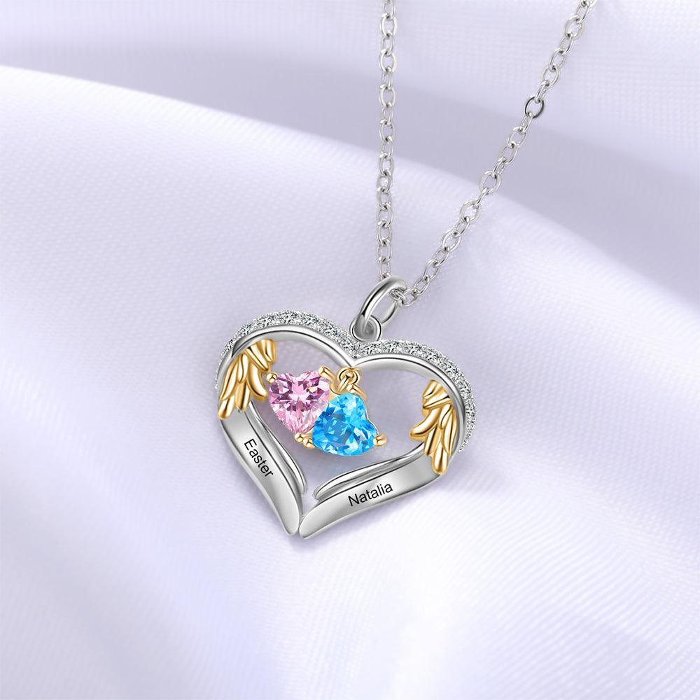 Personalized Sterling Wings Two Hearts Necklace - 2 Custom Names 2 Birthstones - Personalized Jewel