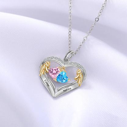 Personalized Sterling Wings Two Hearts Necklace - 2 Custom Names 2 Birthstones - Personalized Jewel