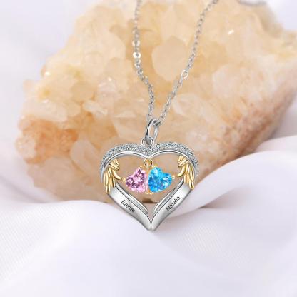 Personalized Sterling Wings Two Hearts Necklace - 2 Custom Names 2 Birthstones - Personalized Jewel