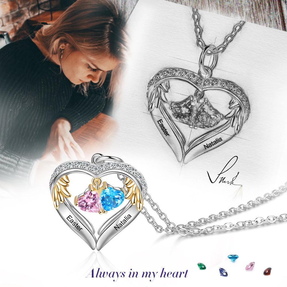 Personalized Sterling Wings Two Hearts Necklace - 2 Custom Names 2 Birthstones - Personalized Jewel