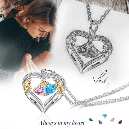 Personalized Sterling Wings Two Hearts Necklace - 2 Custom Names 2 Birthstones - Personalized Jewel