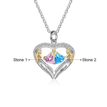 Personalized Sterling Wings Two Hearts Necklace - 2 Custom Names 2 Birthstones - Personalized Jewel