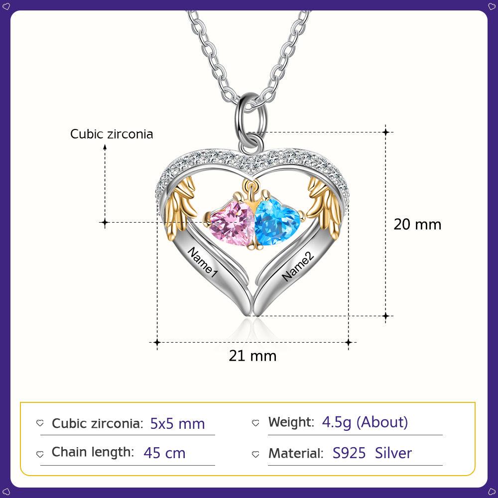 Personalized Sterling Wings Two Hearts Necklace - 2 Custom Names 2 Birthstones - Personalized Jewel