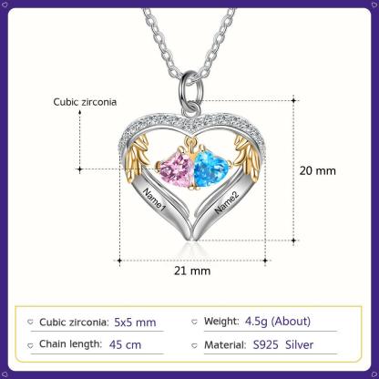 Personalized Sterling Wings Two Hearts Necklace - 2 Custom Names 2 Birthstones - Personalized Jewel
