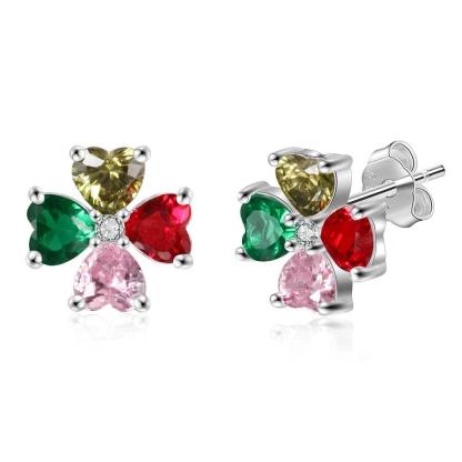 Personalized Stud Flower Earrings for Women with Customized 4 Heart Birthstones - Personalized Jewel