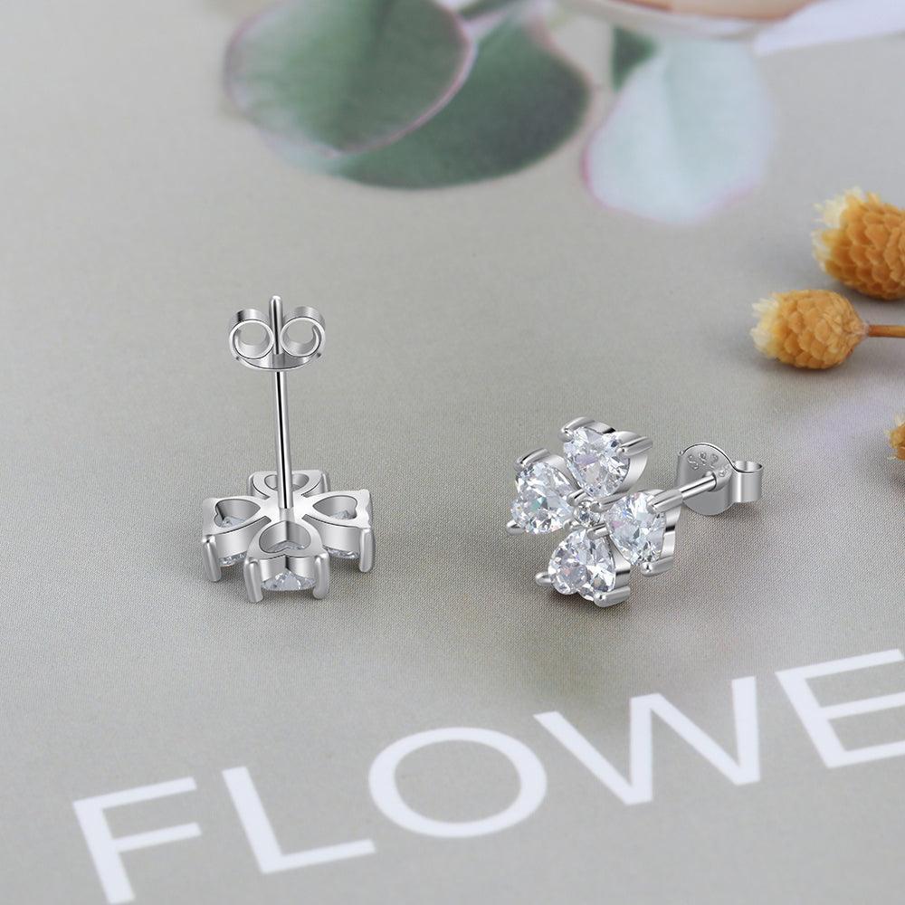 Personalized Stud Flower Earrings for Women with Customized 4 Heart Birthstones - Personalized Jewel