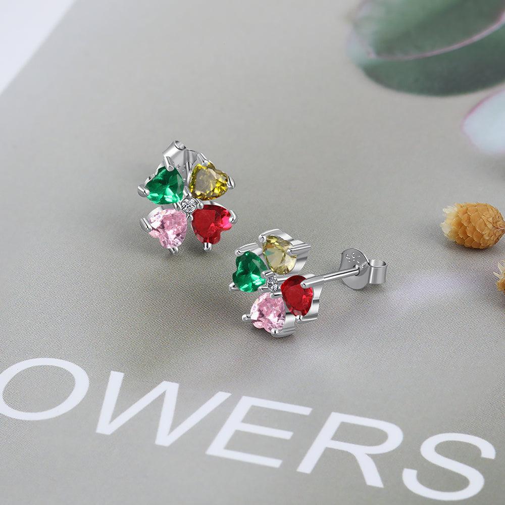 Personalized Stud Flower Earrings for Women with Customized 4 Heart Birthstones-Personalized Jewels