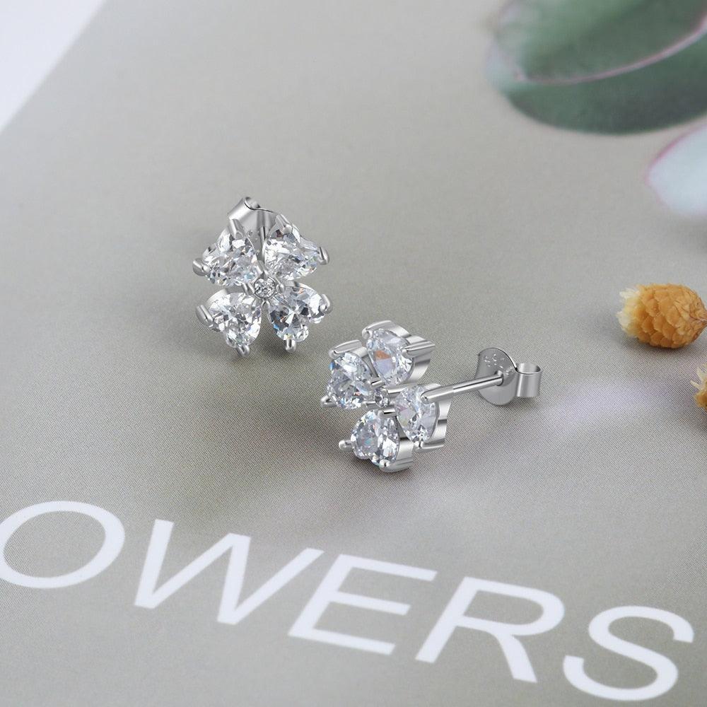 Personalized Stud Flower Earrings for Women with Customized 4 Heart Birthstones - Personalized Jewel