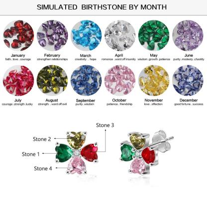 Personalized Stud Flower Earrings for Women with Customized 4 Heart Birthstones - Personalized Jewel