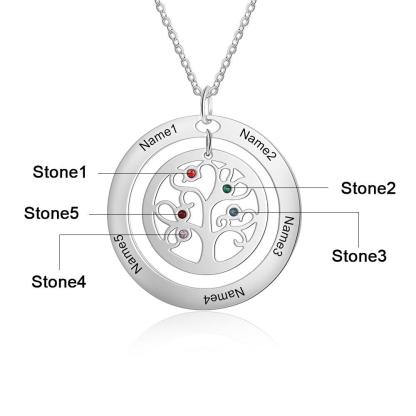 Personalized Tree of Life Necklace - Stainless Steel - Five Custom Names - Five Custom Birthstones - Customized Gifts - Personalized Jewel