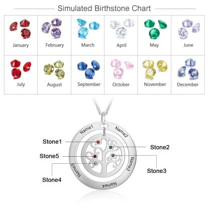 Personalized Tree of Life Necklace - Stainless Steel - Five Custom Names - Five Custom Birthstones - Customized Gifts - Personalized Jewel