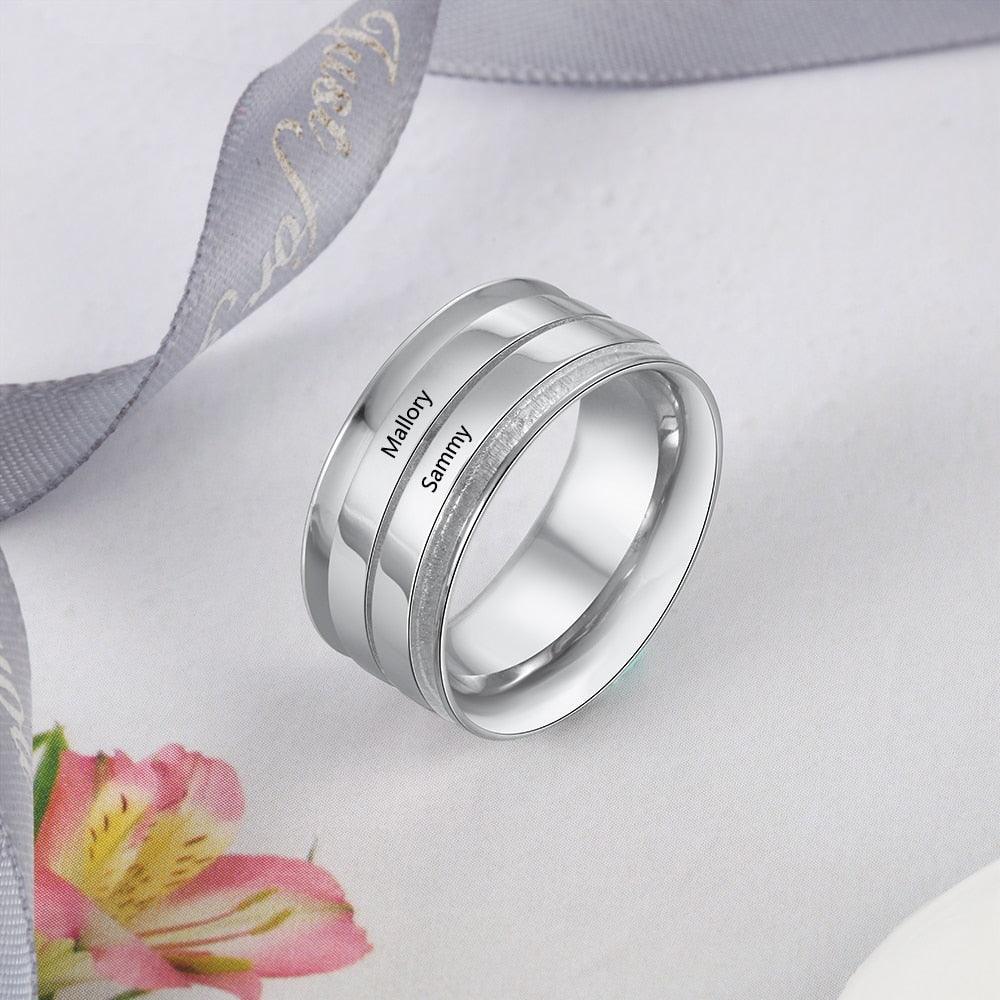 Personalized Wide Two Lined Engrave Name Silver Rings, Trendy Wedding Bands, Different Size Options - Personalized Jewel
