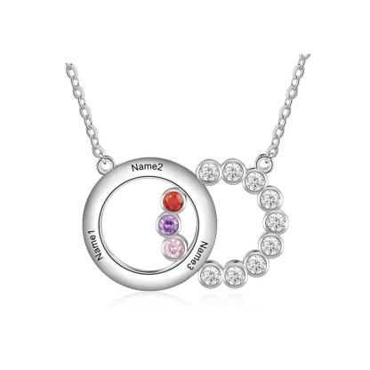 Personalized Women’s 925 Sterling Silver Family Necklace with 3 Names Circle & Custom Birthstones Pendant, Classic Jewelry for Mother - Personalized Jewel