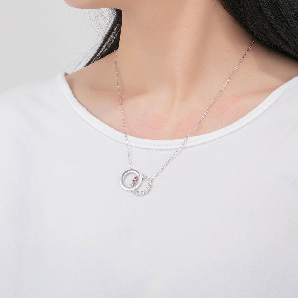 Personalized Women’s 925 Sterling Silver Family Necklace with 3 Names Circle & Custom Birthstones Pendant, Classic Jewelry for Mother - Personalized Jewel