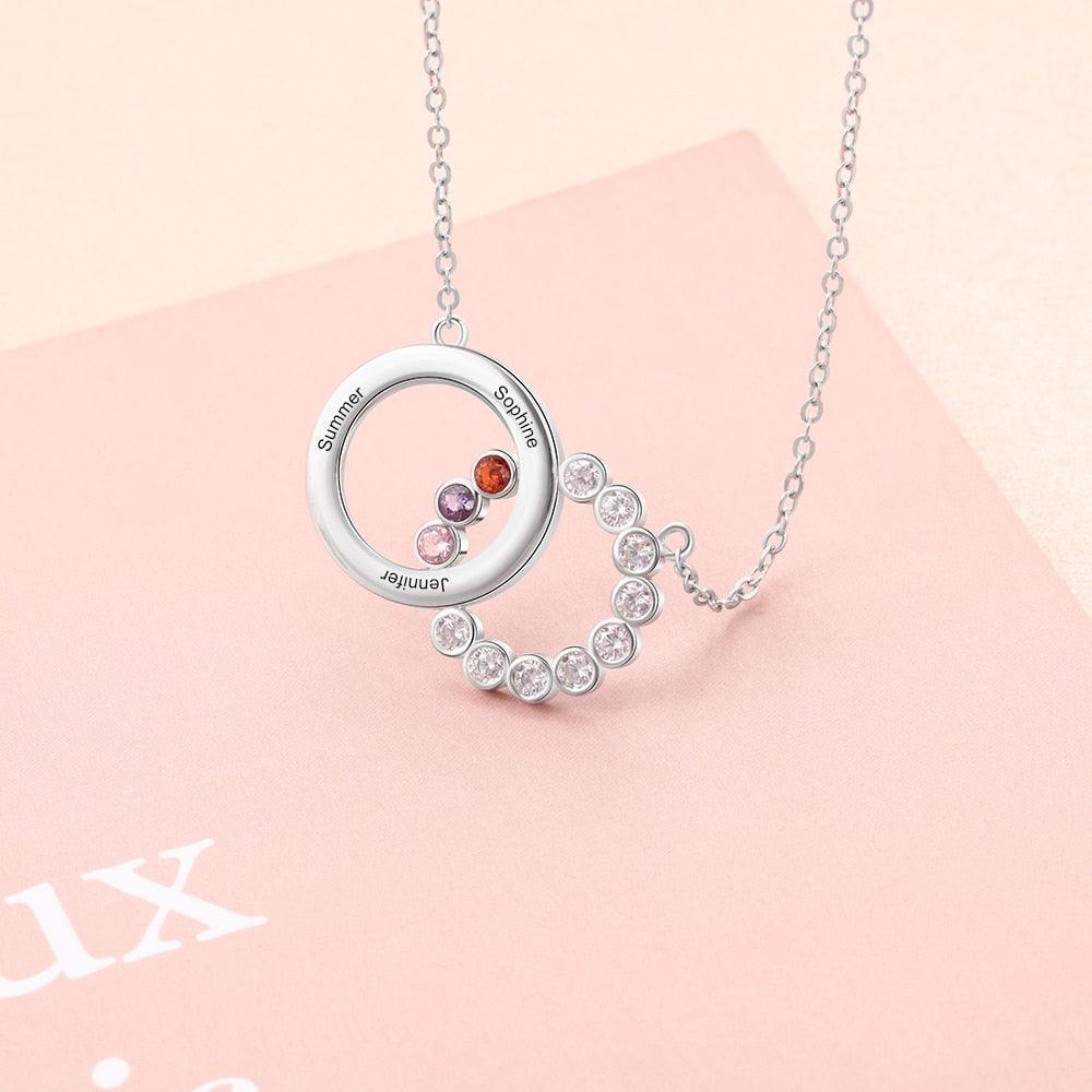 Personalized Women’s 925 Sterling Silver Family Necklace with 3 Names Circle & Custom Birthstones Pendant, Classic Jewelry for Mother - Personalized Jewel