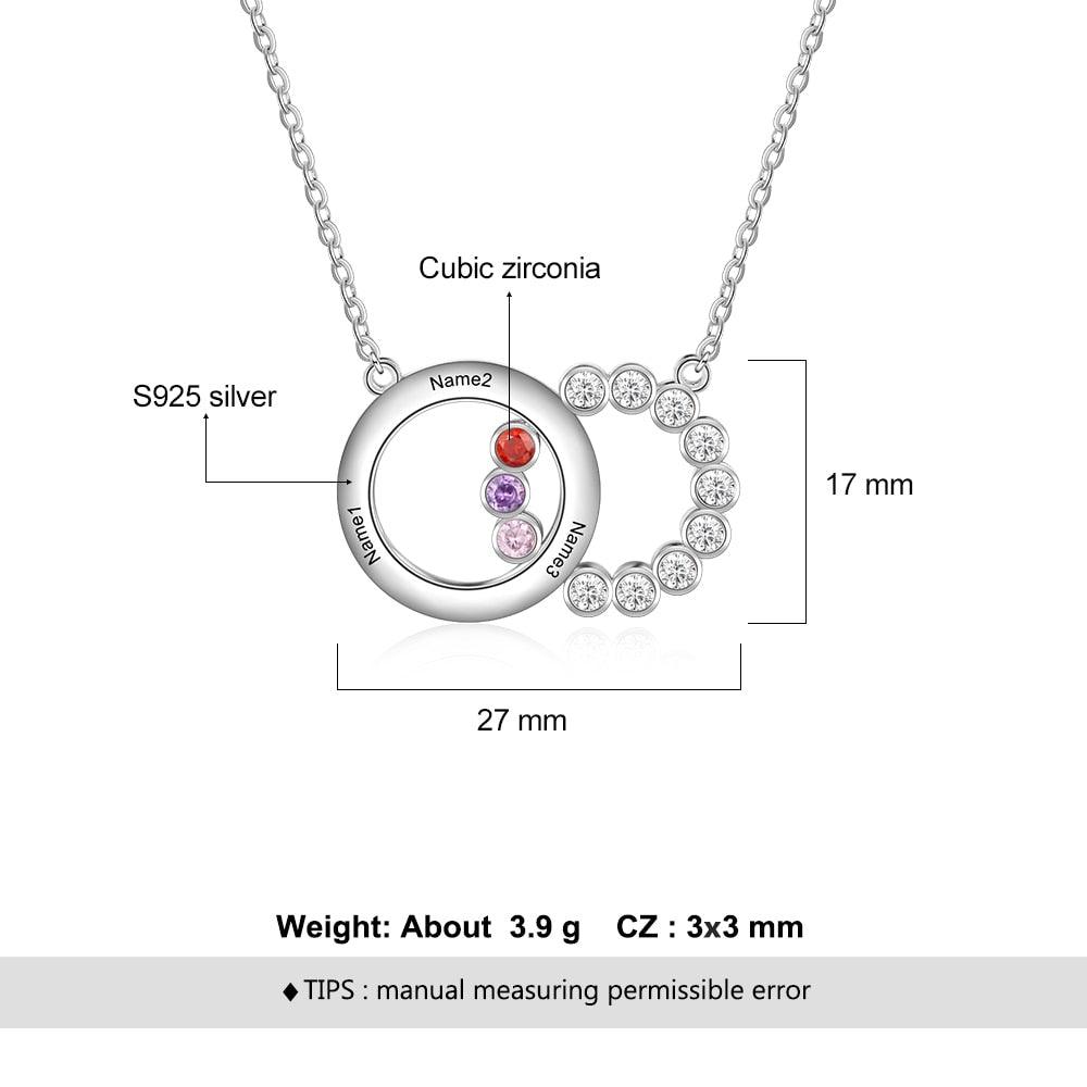 Personalized Women’s 925 Sterling Silver Family Necklace with 3 Names Circle & Custom Birthstones Pendant, Classic Jewelry for Mother - Personalized Jewel