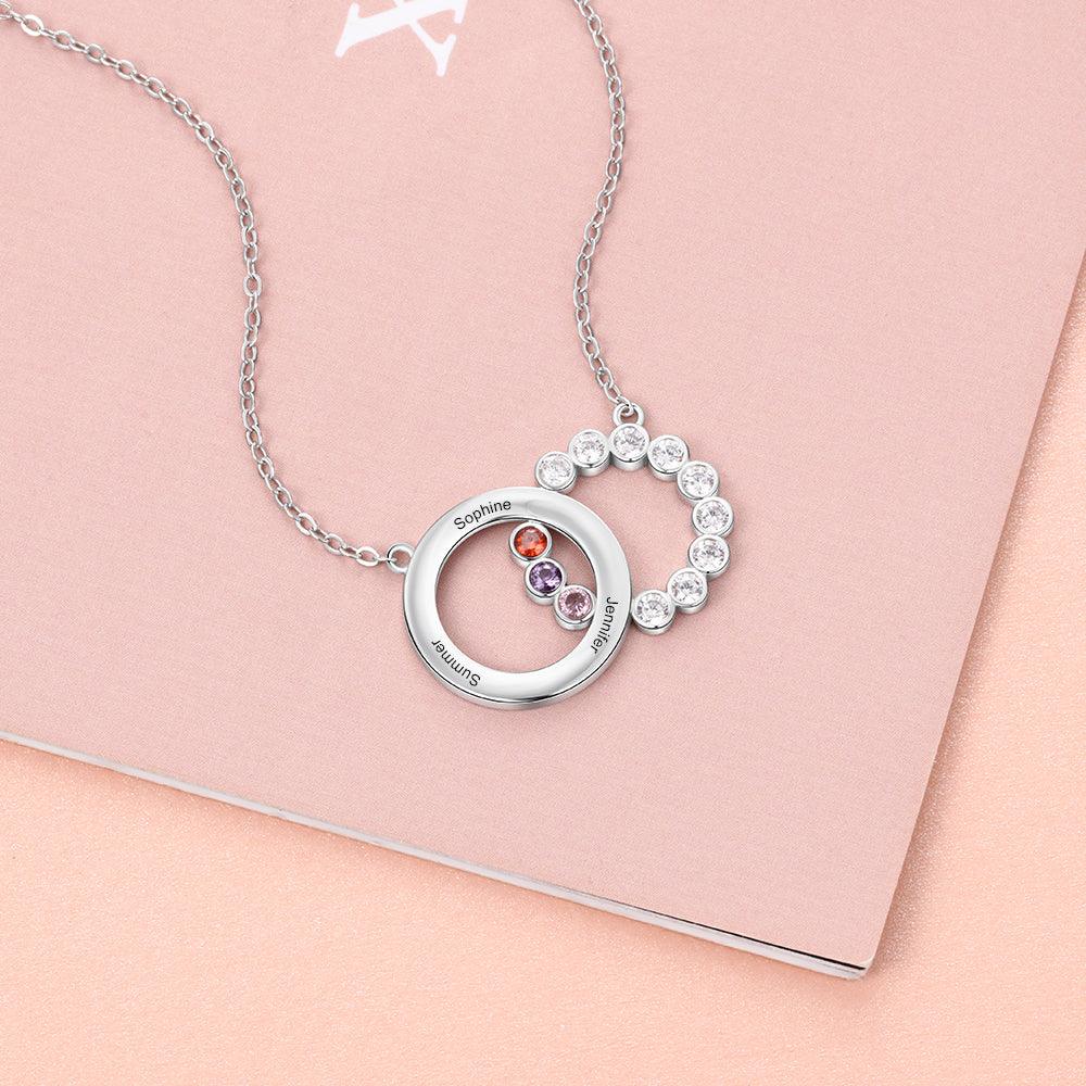 Personalized Women’s 925 Sterling Silver Family Necklace with 3 Names Circle & Custom Birthstones Pendant, Classic Jewelry for Mother - Personalized Jewel
