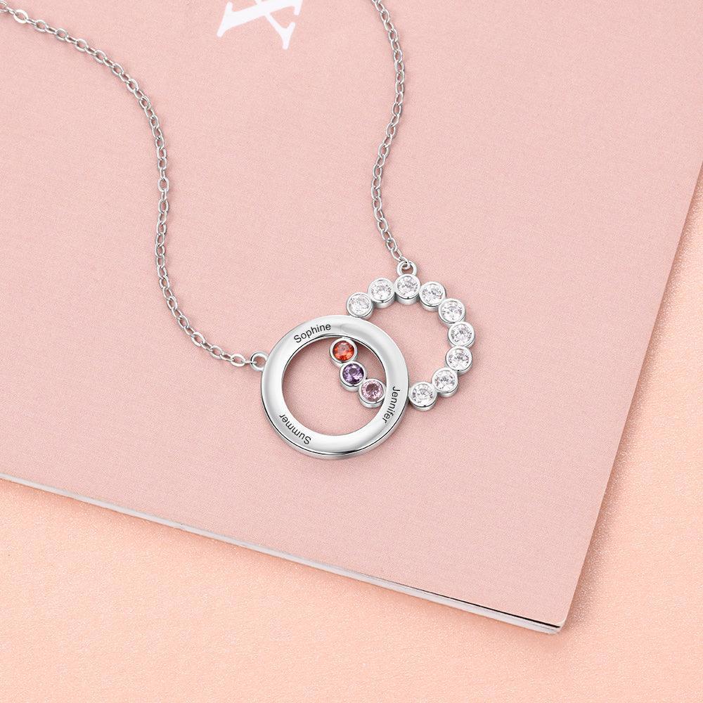 Personalized Women’s 925 Sterling Silver Family Necklace with 3 Names Circle & Custom Birthstones Pendant, Classic Jewelry for Mother - Personalized Jewel