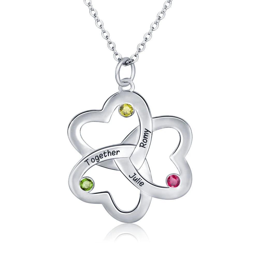 Personalized Women’s 925 Sterling Silver Name Necklace with Sweet Clover Hearts Pendant & CZ Birthstones, Trendy Fashion Jewelry for Ladies - Personalized Jewel